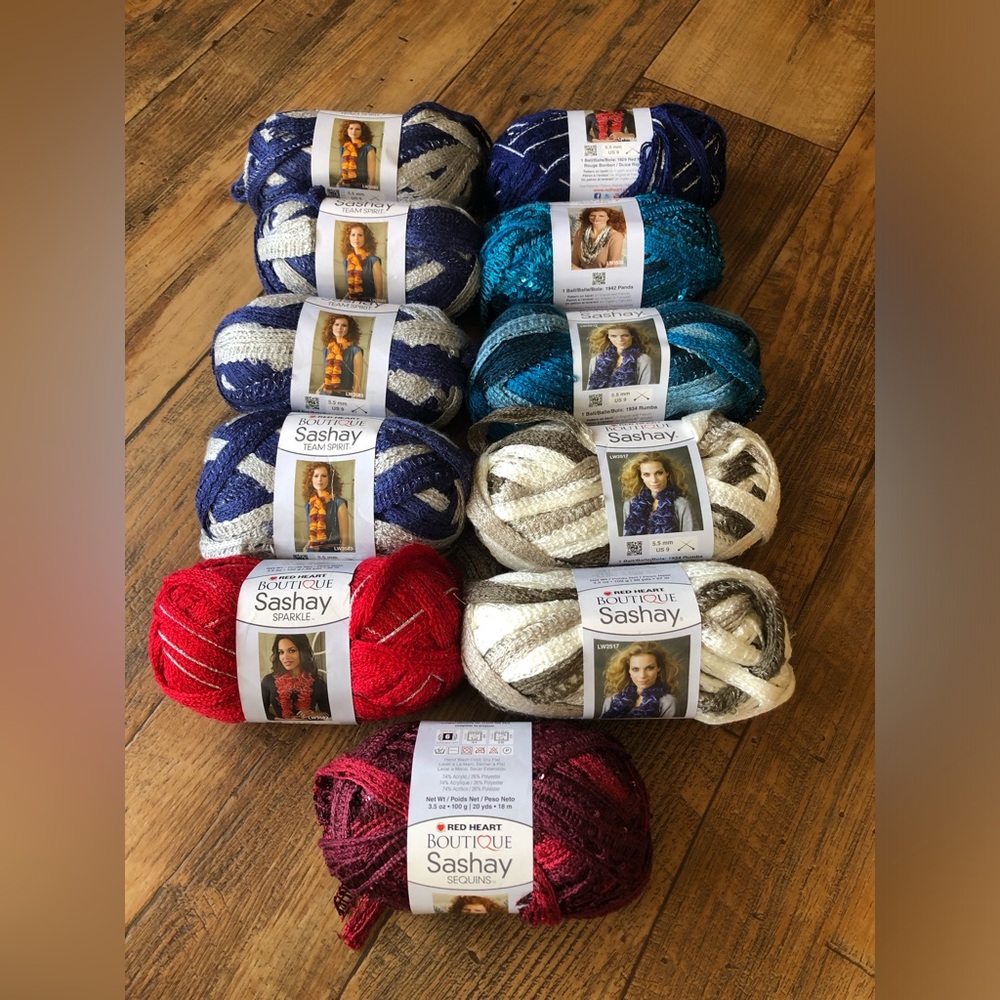 Red Heart Boutique Sashay Yarn Bundle, 11 Rolls, Cabernet Shuffle Red Blue Gray